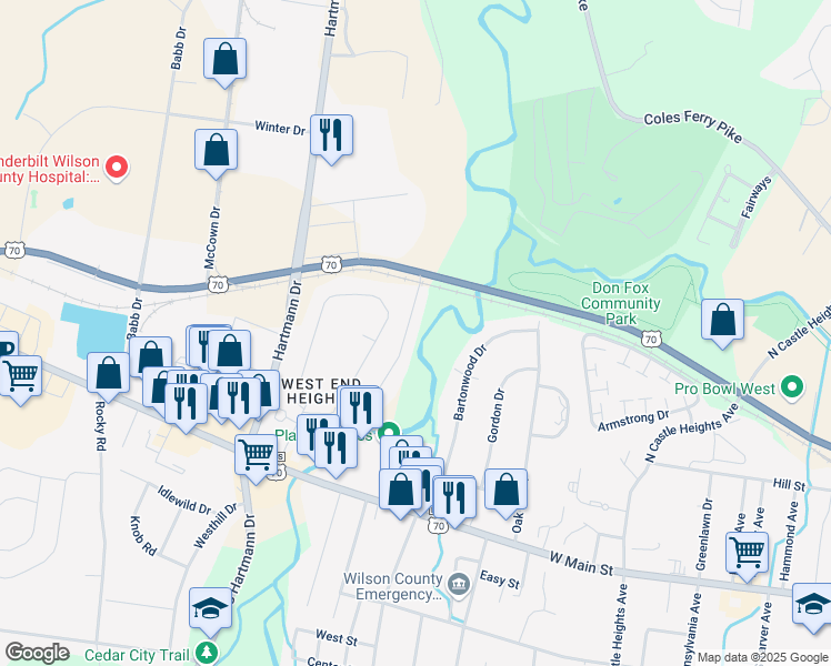 map of restaurants, bars, coffee shops, grocery stores, and more near 225 West End Heights in Lebanon