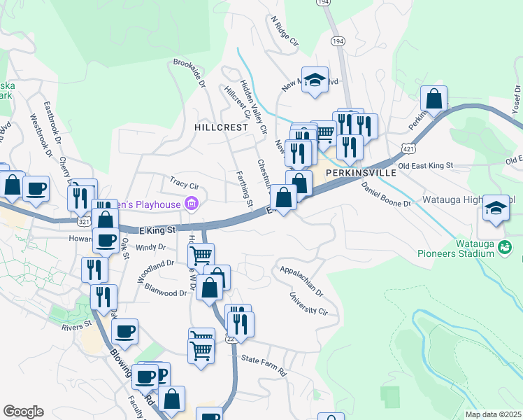 map of restaurants, bars, coffee shops, grocery stores, and more near East King Street in Boone