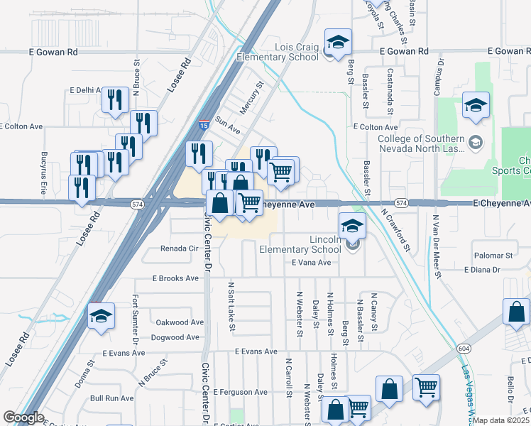 map of restaurants, bars, coffee shops, grocery stores, and more near 2435 East Cheyenne Avenue in North Las Vegas