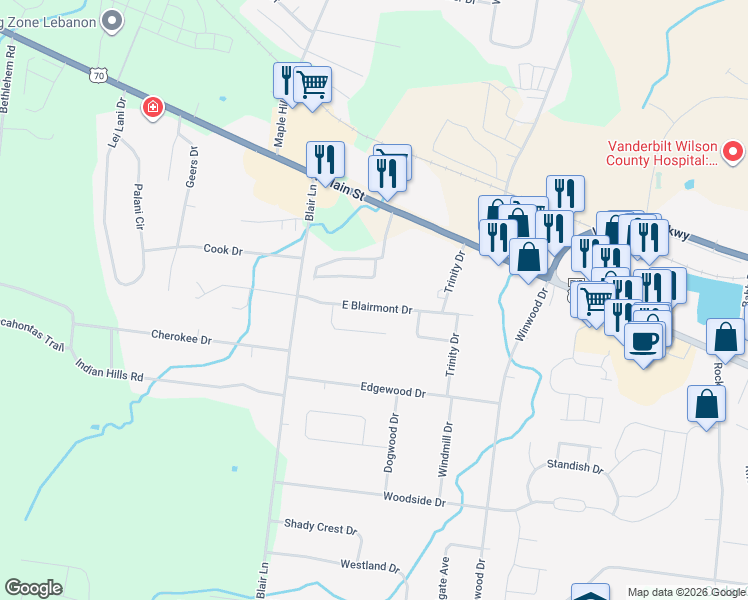 map of restaurants, bars, coffee shops, grocery stores, and more near 1617 East Blairmont Drive in Lebanon