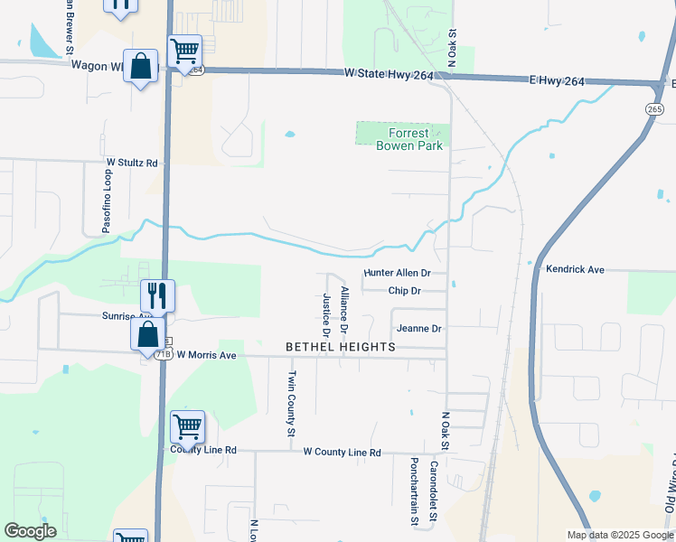 map of restaurants, bars, coffee shops, grocery stores, and more near 3661 Alliance Drive in Springdale