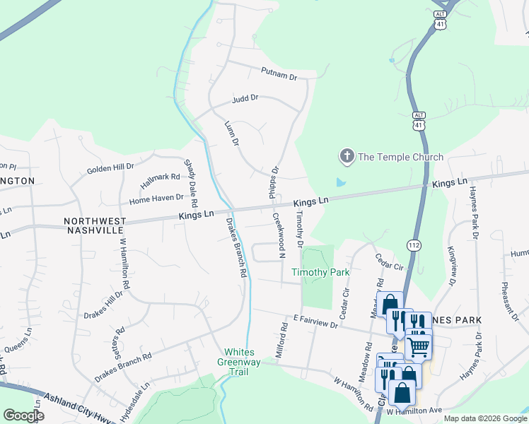 map of restaurants, bars, coffee shops, grocery stores, and more near 3911 Kings Lane in Nashville