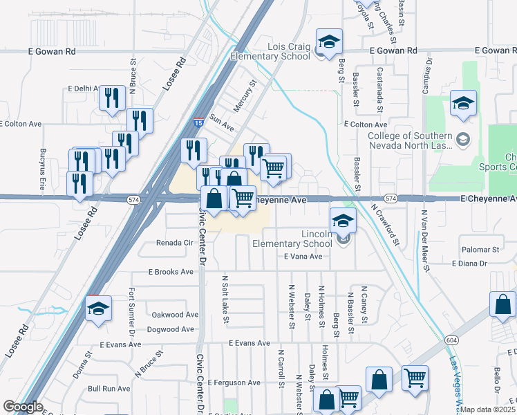 map of restaurants, bars, coffee shops, grocery stores, and more near 2435 East Cheyenne Avenue in North Las Vegas