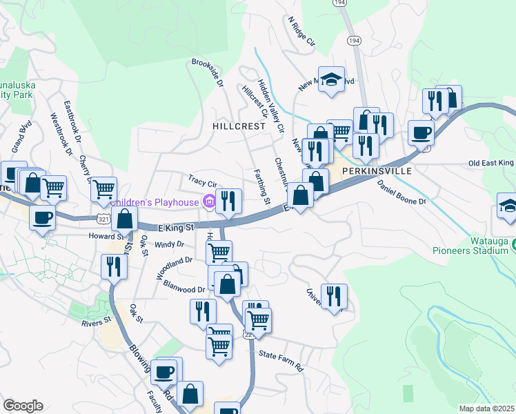 map of restaurants, bars, coffee shops, grocery stores, and more near 155 Farthing St in Boone