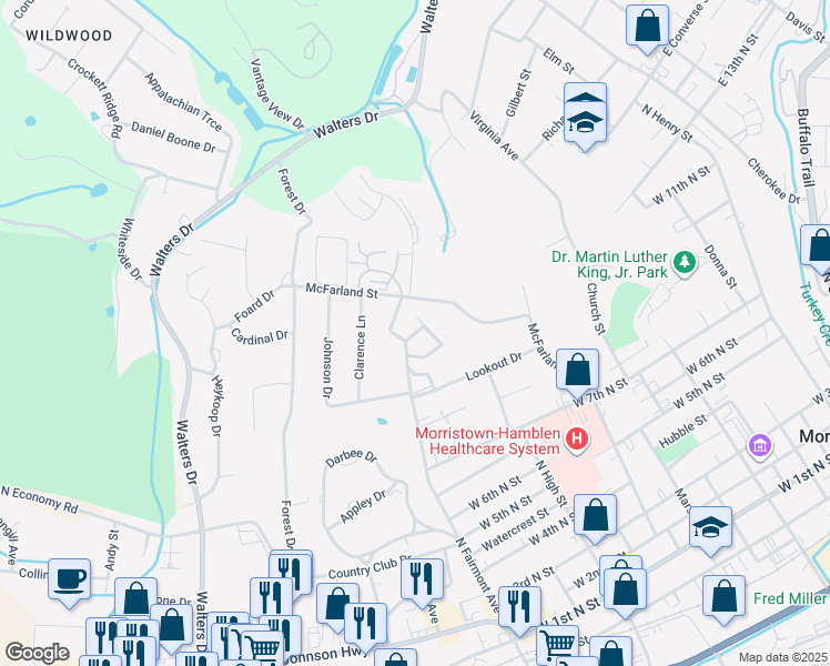 map of restaurants, bars, coffee shops, grocery stores, and more near 1323 North Fairmont Avenue in Morristown
