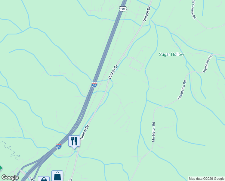 map of restaurants, bars, coffee shops, grocery stores, and more near 1107 Horton Road in Unicoi