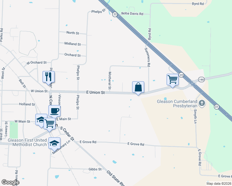 map of restaurants, bars, coffee shops, grocery stores, and more near 508 Highway 190 in Gleason
