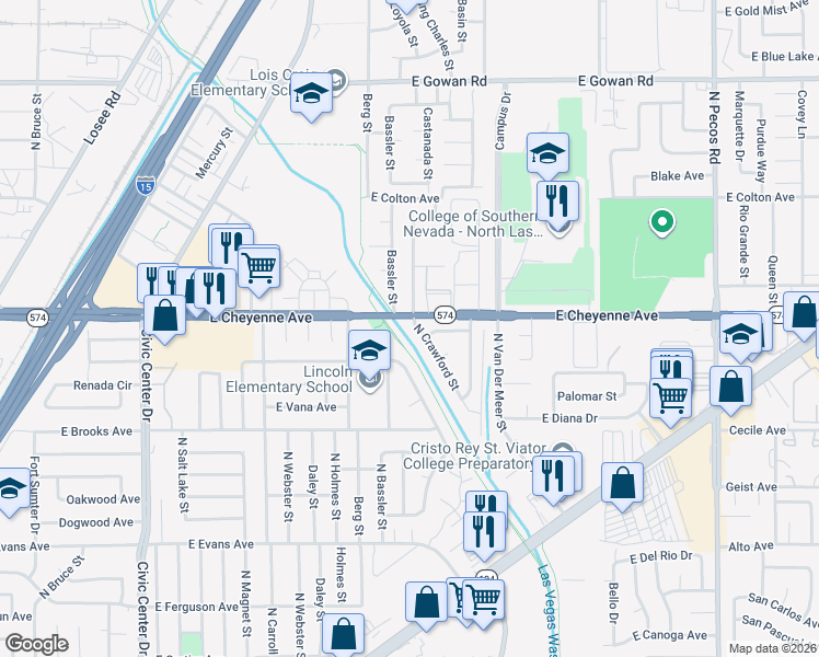 map of restaurants, bars, coffee shops, grocery stores, and more near 3136 North Crawford Street in North Las Vegas