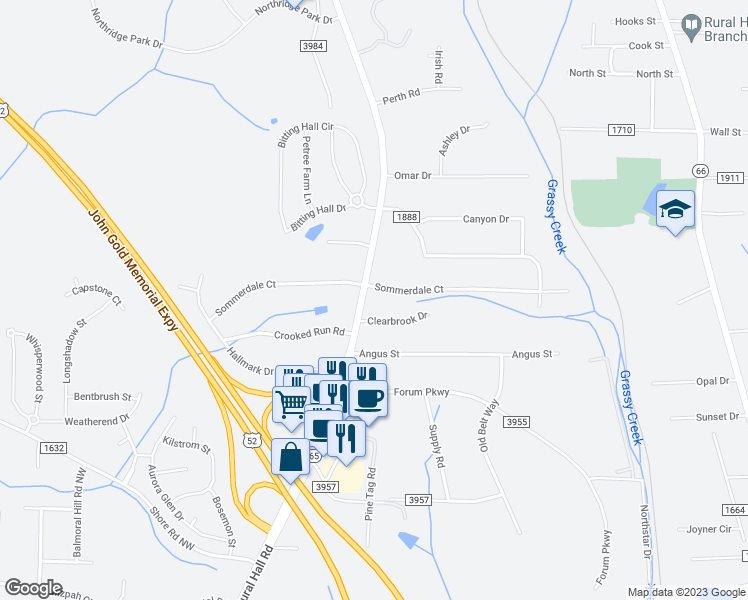 map of restaurants, bars, coffee shops, grocery stores, and more near 905 Bethania-Rural Hall Road in Rural Hall