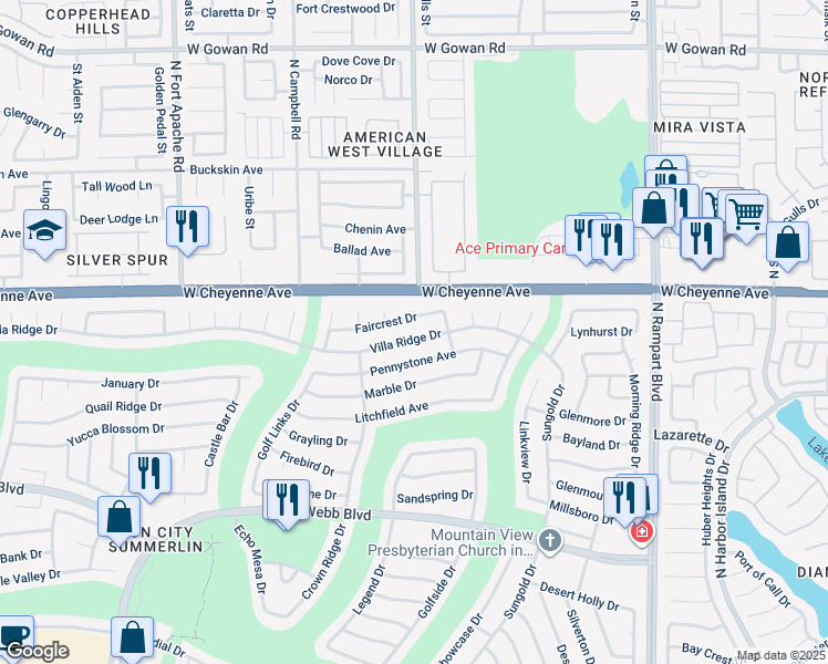map of restaurants, bars, coffee shops, grocery stores, and more near 8828 Villa Ridge Drive in Las Vegas