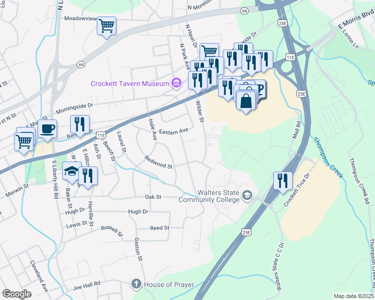 map of restaurants, bars, coffee shops, grocery stores, and more near 433 Spruce Street in Morristown