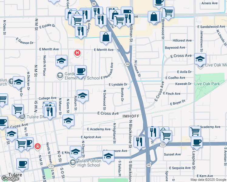 map of restaurants, bars, coffee shops, grocery stores, and more near 970 Windsor Drive in Tulare
