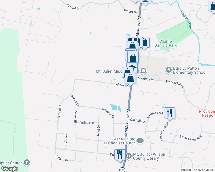 map of restaurants, bars, coffee shops, grocery stores, and more near 111 Falkner Lane in Mt. Juliet