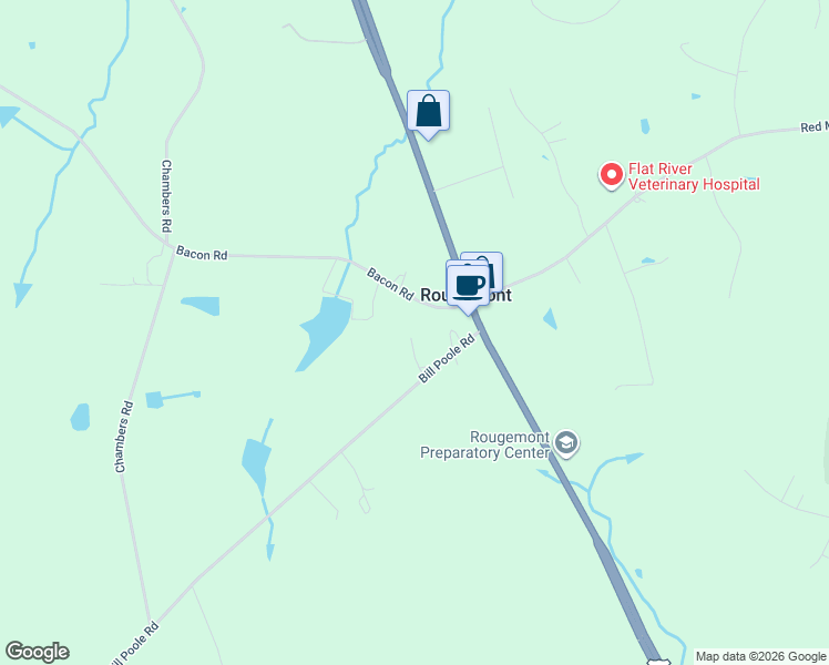 map of restaurants, bars, coffee shops, grocery stores, and more near 120 Bill Poole Road in Rougemont