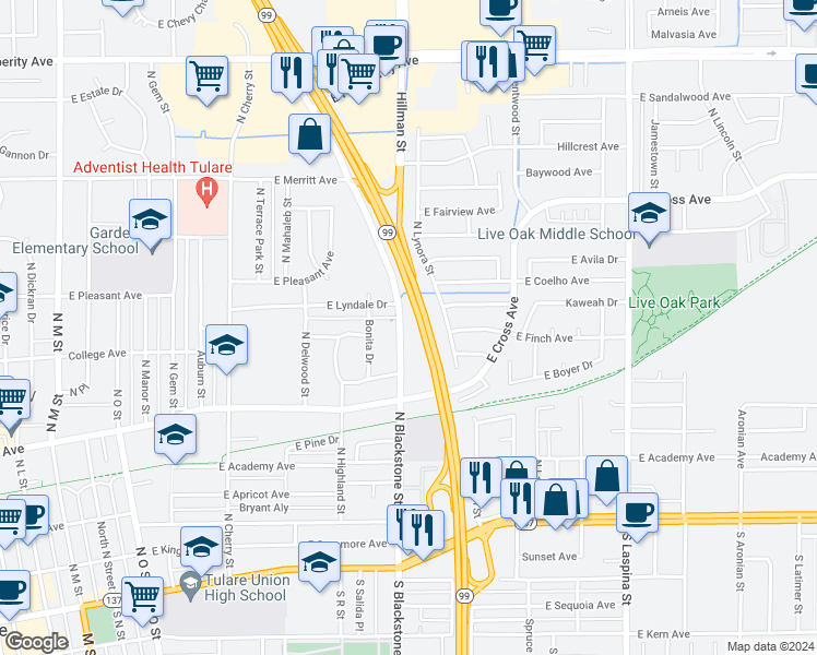 map of restaurants, bars, coffee shops, grocery stores, and more near 620 North Blackstone Street in Tulare