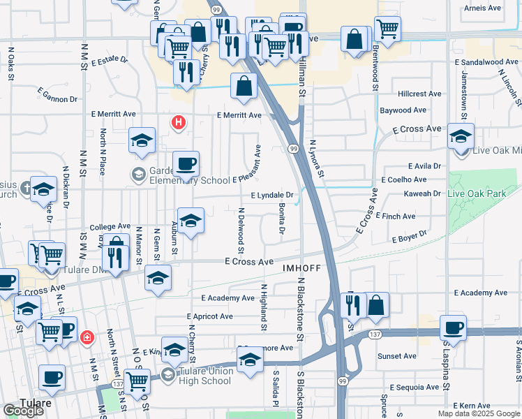 map of restaurants, bars, coffee shops, grocery stores, and more near 970 Windsor Drive in Tulare