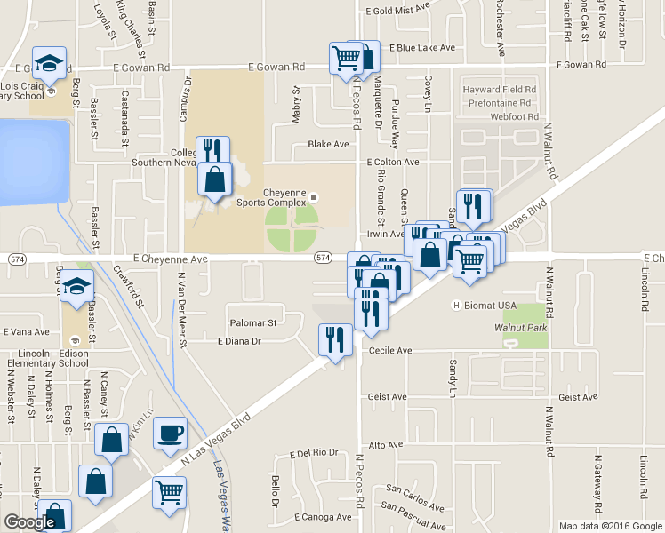 map of restaurants, bars, coffee shops, grocery stores, and more near 3400 East Cheyenne Avenue in North Las Vegas