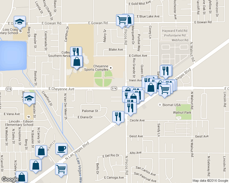 map of restaurants, bars, coffee shops, grocery stores, and more near 3400 East Cheyenne Avenue in North Las Vegas