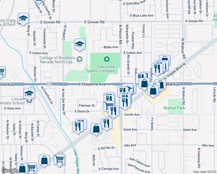 map of restaurants, bars, coffee shops, grocery stores, and more near 3427 East Cheyenne Avenue in North Las Vegas