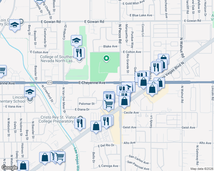 map of restaurants, bars, coffee shops, grocery stores, and more near 3427 East Cheyenne Avenue in North Las Vegas
