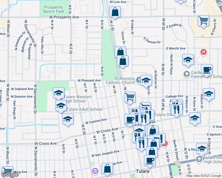map of restaurants, bars, coffee shops, grocery stores, and more near 117 West Oakland Avenue in Tulare