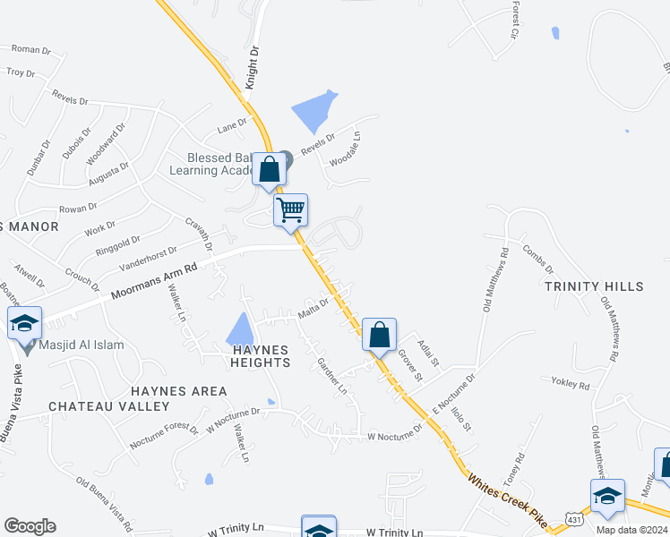 map of restaurants, bars, coffee shops, grocery stores, and more near 2607 Whites Creek Pike in Nashville