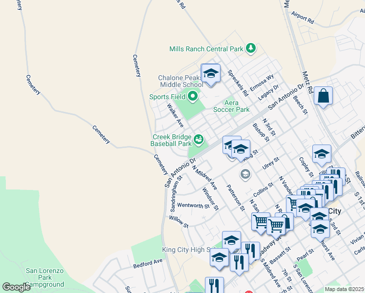 map of restaurants, bars, coffee shops, grocery stores, and more near 627 Oates Avenue in King City