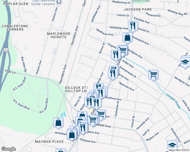 map of restaurants, bars, coffee shops, grocery stores, and more near 905 Oak Street in Nashville