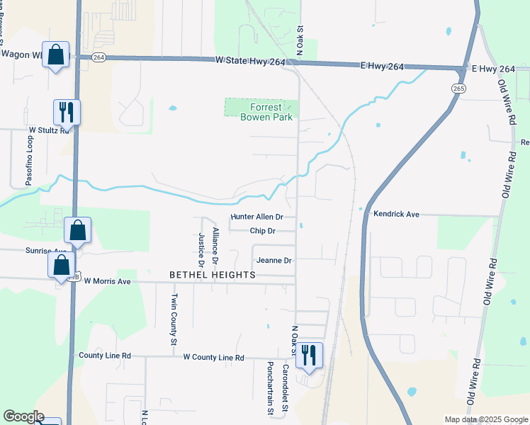 map of restaurants, bars, coffee shops, grocery stores, and more near 346 Hunter Allen Drive in Springdale