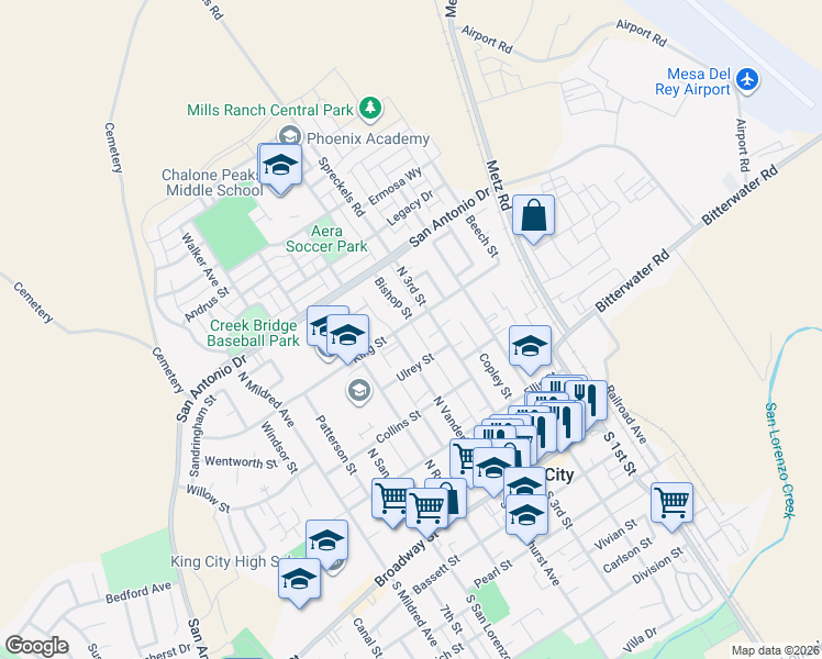 map of restaurants, bars, coffee shops, grocery stores, and more near 319 King Street in King City