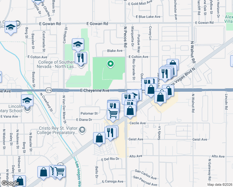 map of restaurants, bars, coffee shops, grocery stores, and more near 3437 East Cheyenne Avenue in North Las Vegas
