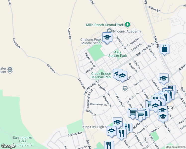 map of restaurants, bars, coffee shops, grocery stores, and more near 627 Oates Avenue in King City
