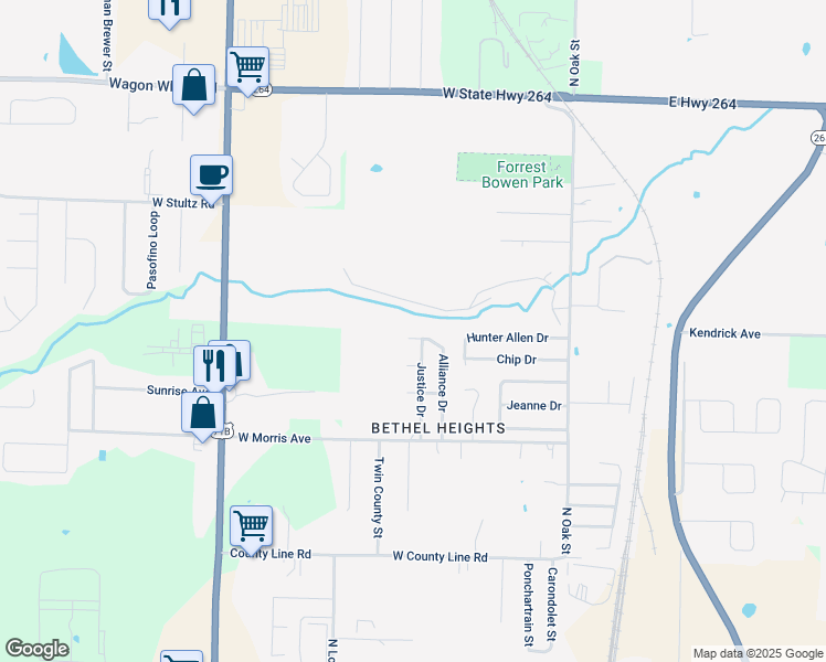 map of restaurants, bars, coffee shops, grocery stores, and more near 3733 Alliance Drive in Springdale