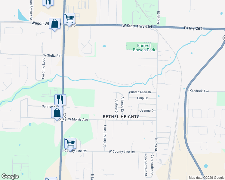 map of restaurants, bars, coffee shops, grocery stores, and more near 3751 Alliance Drive in Springdale