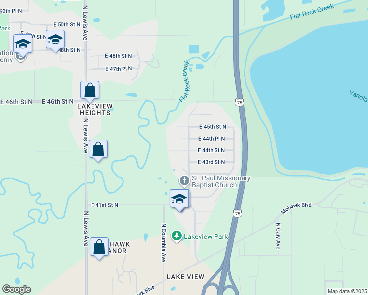 map of restaurants, bars, coffee shops, grocery stores, and more near 2741 East 44th Street North in Tulsa