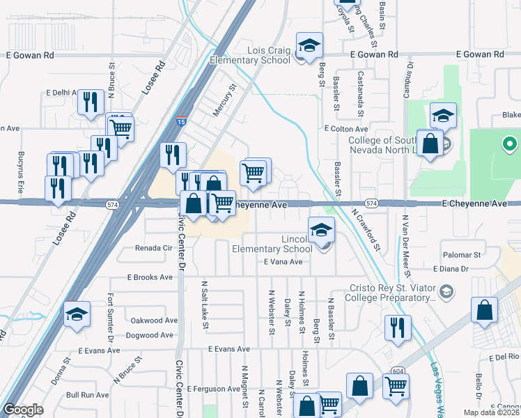 map of restaurants, bars, coffee shops, grocery stores, and more near 2511 East Cheyenne Avenue in North Las Vegas