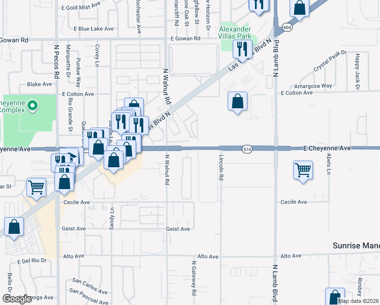 map of restaurants, bars, coffee shops, grocery stores, and more near 3985 East Cheyenne Avenue in Las Vegas
