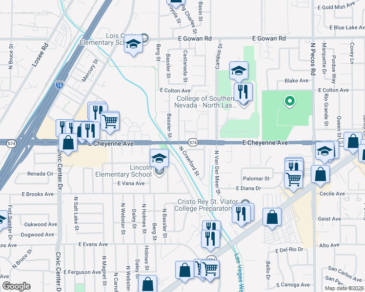 map of restaurants, bars, coffee shops, grocery stores, and more near 3136 North Crawford Street in North Las Vegas