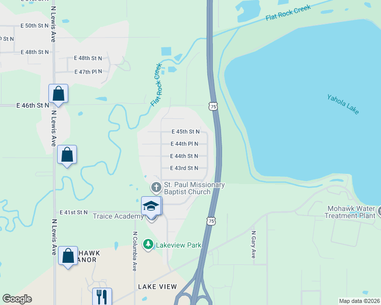 map of restaurants, bars, coffee shops, grocery stores, and more near 2843 East 44th Street North in Tulsa