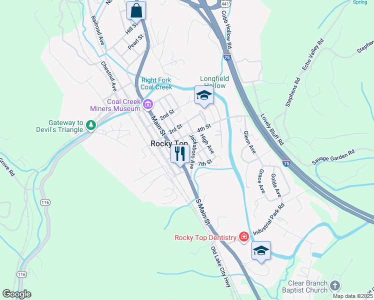 map of restaurants, bars, coffee shops, grocery stores, and more near 601 Church Avenue in Rocky Top