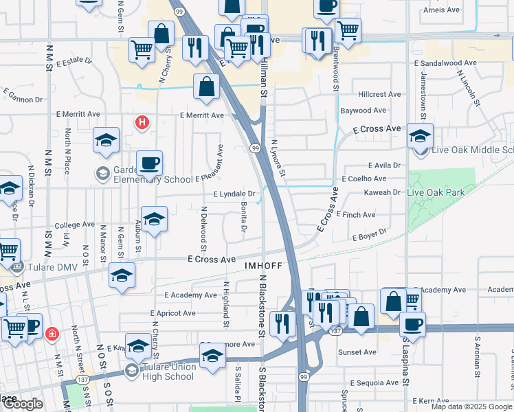 map of restaurants, bars, coffee shops, grocery stores, and more near 623 North Blackstone Street in Tulare