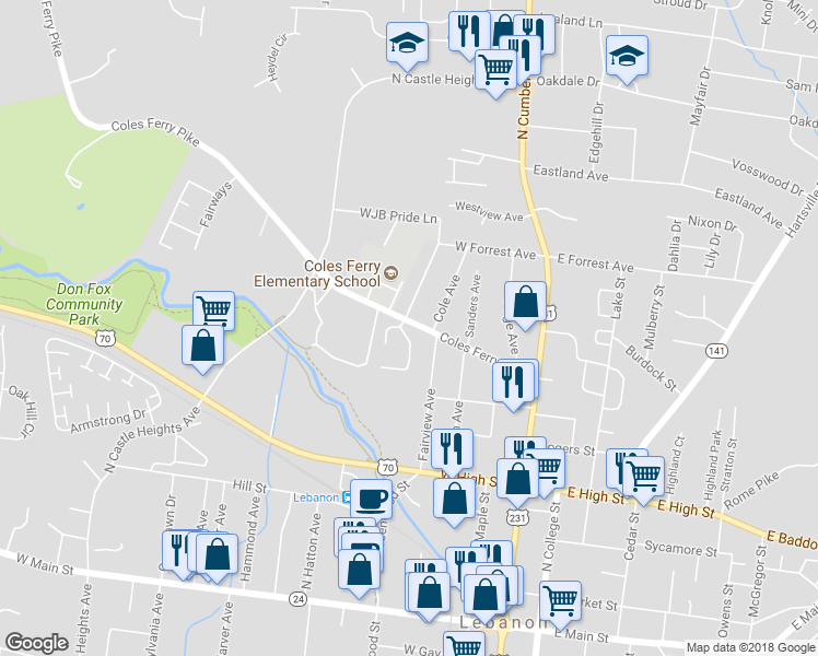 map of restaurants, bars, coffee shops, grocery stores, and more near 615 North Greenwood Extension in Lebanon