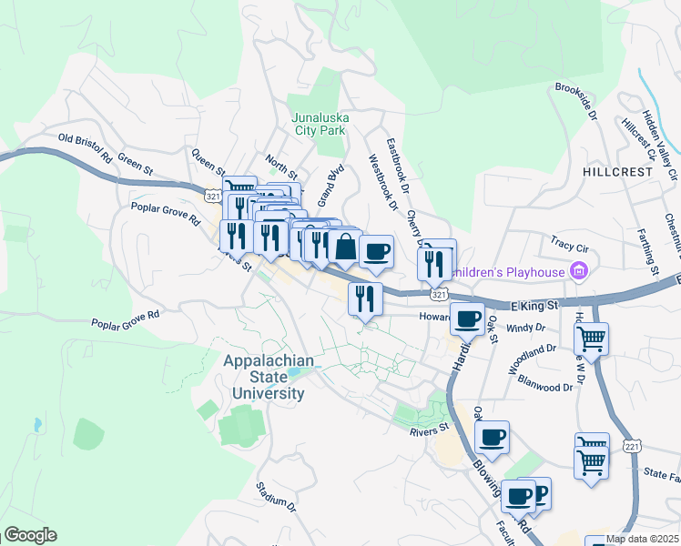 map of restaurants, bars, coffee shops, grocery stores, and more near 454 West King Street in Boone