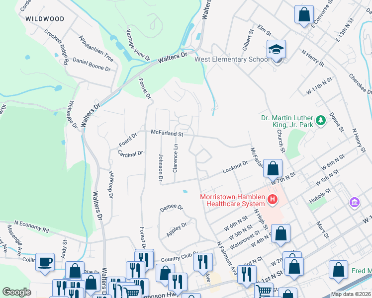 map of restaurants, bars, coffee shops, grocery stores, and more near 1119 Whitaker Lane in Morristown