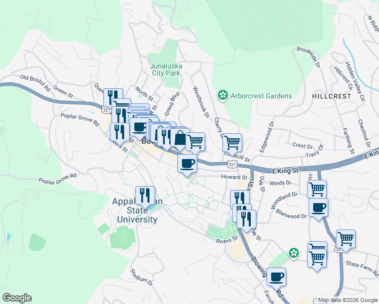 map of restaurants, bars, coffee shops, grocery stores, and more near 271 Wallace Circle in Boone