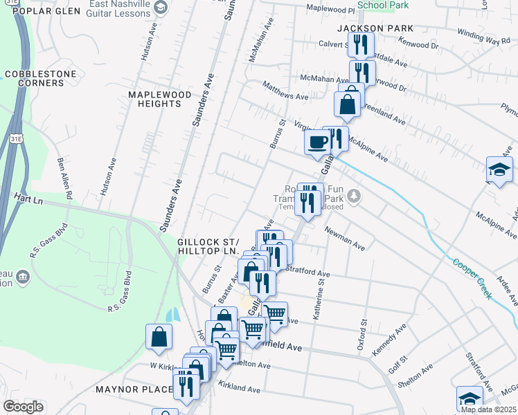 map of restaurants, bars, coffee shops, grocery stores, and more near 905 Oak Street in Nashville