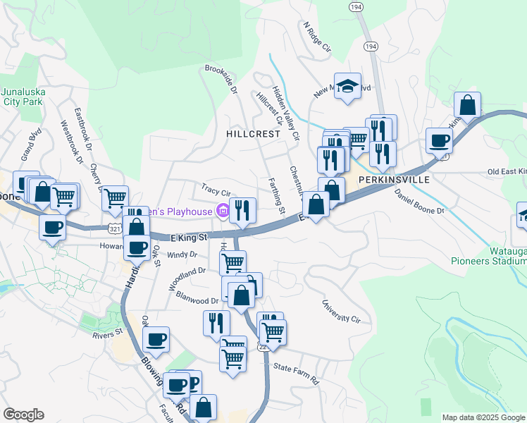 map of restaurants, bars, coffee shops, grocery stores, and more near 186 Buena Vista Road in Boone