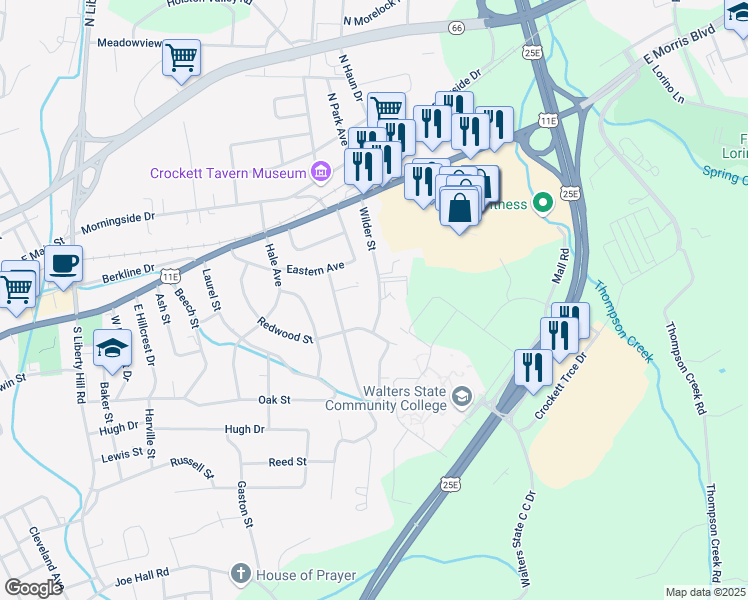 map of restaurants, bars, coffee shops, grocery stores, and more near 436 Wilder Street in Morristown
