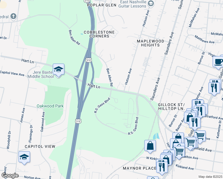 map of restaurants, bars, coffee shops, grocery stores, and more near 617 Ben Allen Road in Nashville