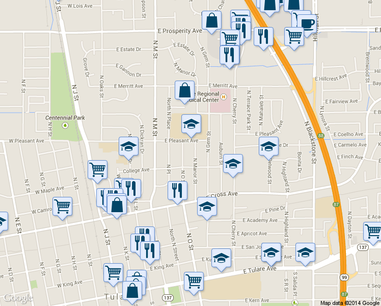 map of restaurants, bars, coffee shops, grocery stores, and more near 625 N Manor St in Tulare